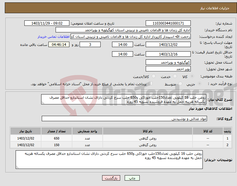 تصویر کوچک آگهی نیاز انتخاب تامین کننده-روغن حلب 16 کیلویی تعداد150حلب خوراکی و650 حلب سرخ کردنی دارای نشان استاندارو حداقل مصرف یکساله هزینه حمل به عهده فروشنده تسویه 45 روزه