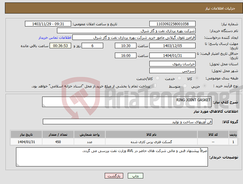 تصویر کوچک آگهی نیاز انتخاب تامین کننده-RING JOINT GASKET