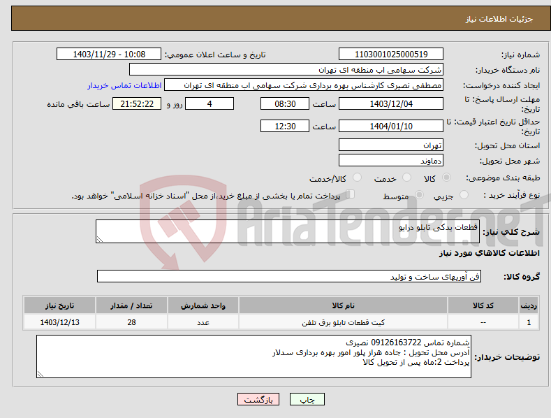 تصویر کوچک آگهی نیاز انتخاب تامین کننده-قطعات یدکی تابلو درایو 
