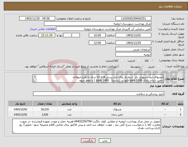 تصویر کوچک آگهی نیاز انتخاب تامین کننده-مسواک نرم سرپوش دار شیاردار برای بازه سنی 8 تا 12 سال با طرح حیوانات خمیر دندان بالای ppm 1000 فلوراید (ترجیحاً ppm 1400 ) با طعم میوه 