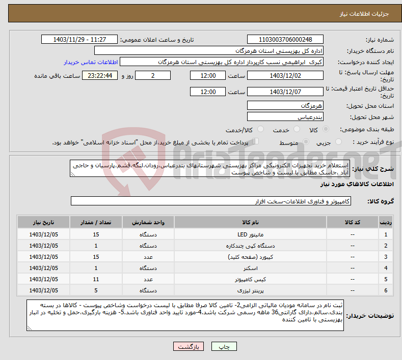 تصویر کوچک آگهی نیاز انتخاب تامین کننده-استعلام خرید تجهیزات الکترونیکی مراکز بهزیستی شهرستانهای بندرعباس،رودان،لنگه،قشم،پارسیان و حاجی آباد ،جاسک مطابق با لیست و شاخص پیوست