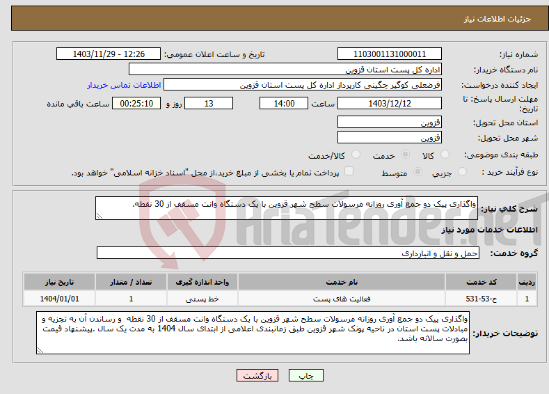 تصویر کوچک آگهی نیاز انتخاب تامین کننده-واگذاری پیک دو جمع آوری روزانه مرسولات سطح شهر قزوین با یک دستگاه وانت مسقف از 30 نقطه.