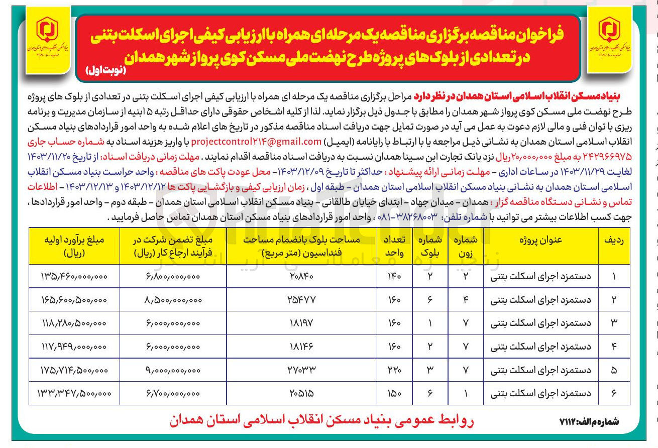 تصویر کوچک آگهی اجرای اسکلت بتنی در تعدادی از بلوک های پروژه طرح نهضت ملی مسکن کوی پرواز در 6 ردیف