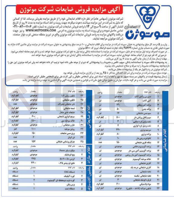 تصویر کوچک آگهی فروش اقلام ضایعاتی در 44 ردیف : آهن آلات، براده چدن، براده برنزی، مواد پلاستیکی، خازن ضایعاتی، فن کوئل، چراغ روشنایی خیابانی و...