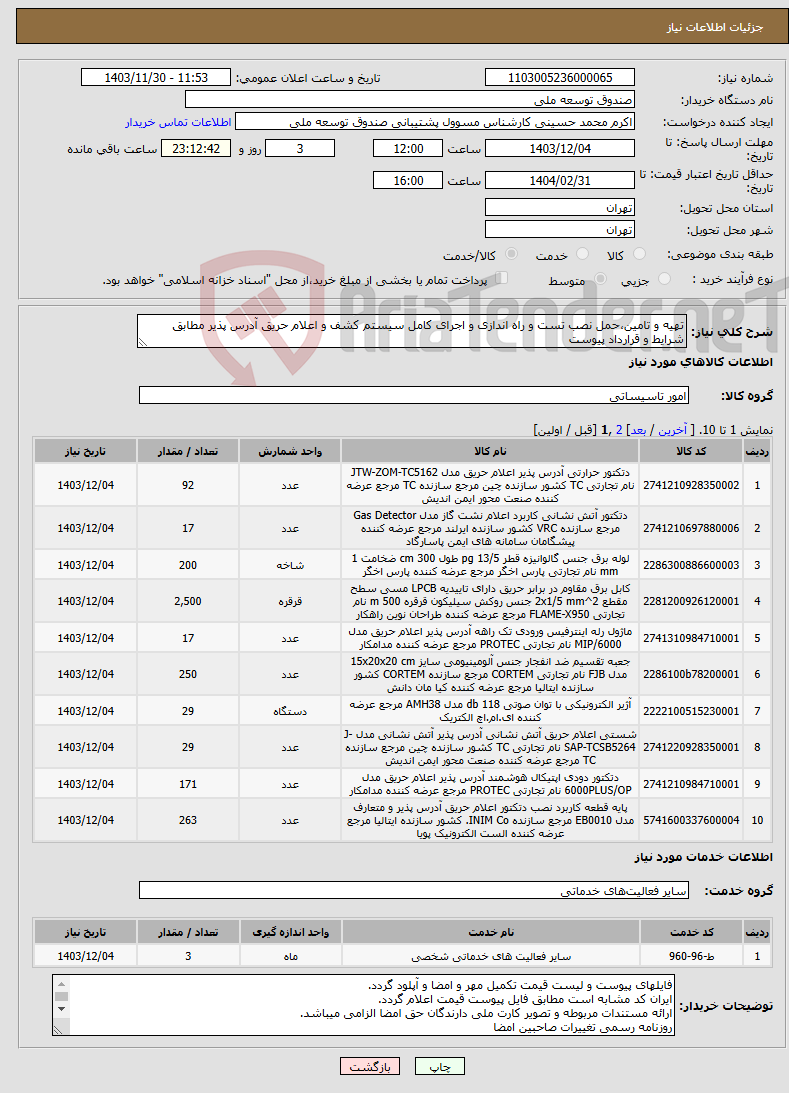 تصویر کوچک آگهی نیاز انتخاب تامین کننده-تهیه و تامین،حمل نصب تست و راه اندازی و اجرای کامل سیستم کشف و اعلام حریق آدرس پذیر مطابق شرایط و قرارداد پیوست