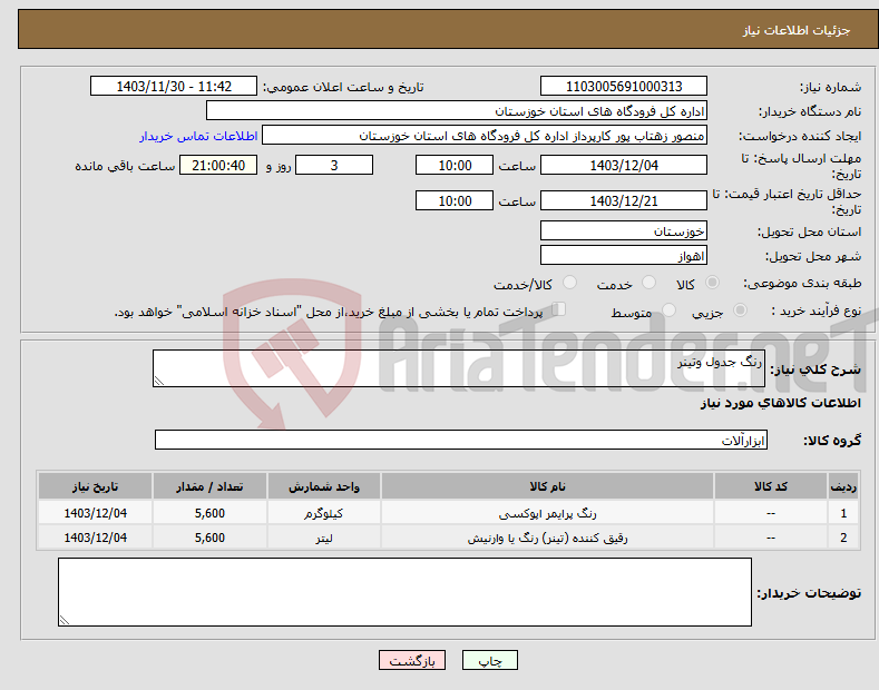 تصویر کوچک آگهی نیاز انتخاب تامین کننده-رنگ جدول وتینر