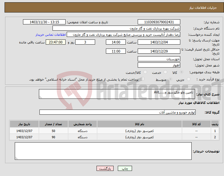 تصویر کوچک آگهی نیاز انتخاب تامین کننده- تامین ولو مکپرسور و.....AVL
