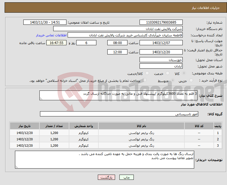 تصویر کوچک آگهی نیاز انتخاب تامین کننده-3 قلم به تعداد 3600کیلوگرم /پیشنهاد فنی و مالی به صورت جداگانه ارسال گردد