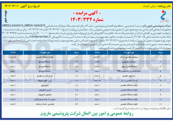 تصویر کوچک آگهی فروش دو دستگاه ایزوتانک به شماره فنی 5240275 - MROU و 2400013 - MROU و تجهیزات اسقاطی آتش نشانی در 22 ردیف