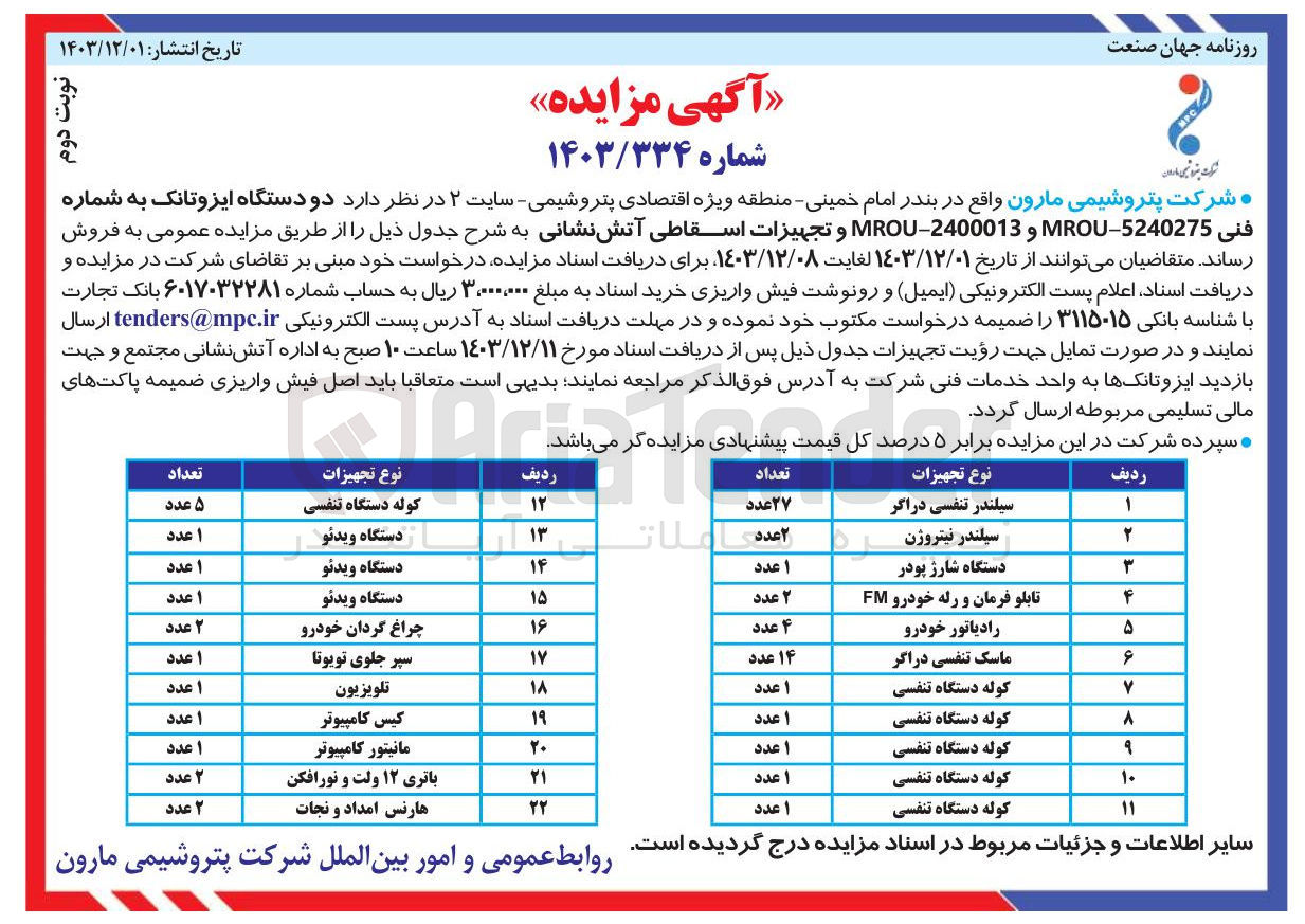تصویر کوچک آگهی فروش  دو دستگاه ایزوتانک به شماره فنی 5240275 - MROU و 2400013 - MROU و تجهیزات اسقاطی آتش نشانی در 22 ردیف
