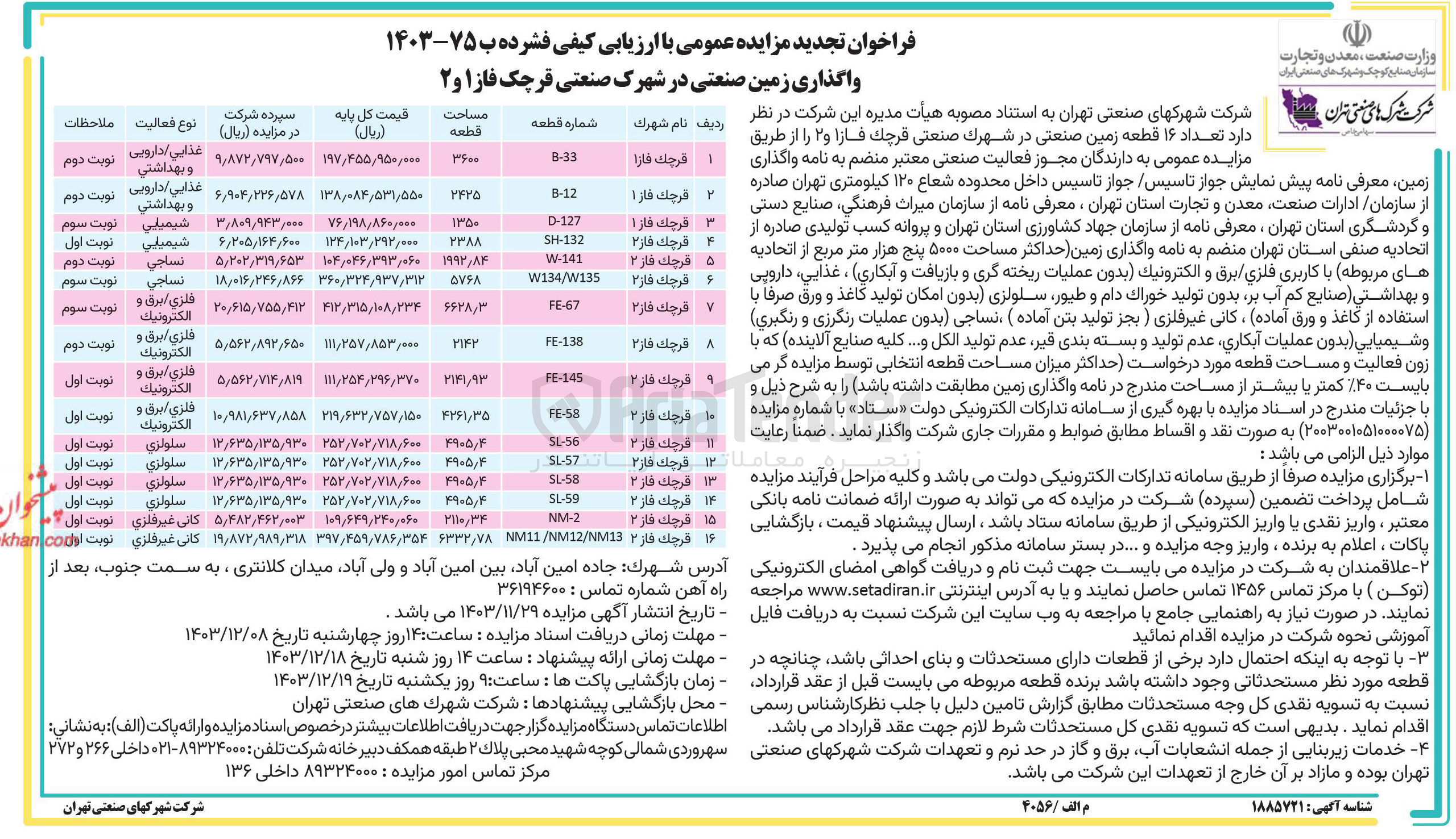 تصویر کوچک آگهی واگذاری تعداد ۱۶ قطعه زمین صنعتی در شهرك صنعتی قرچک فاز ا و ۲ 