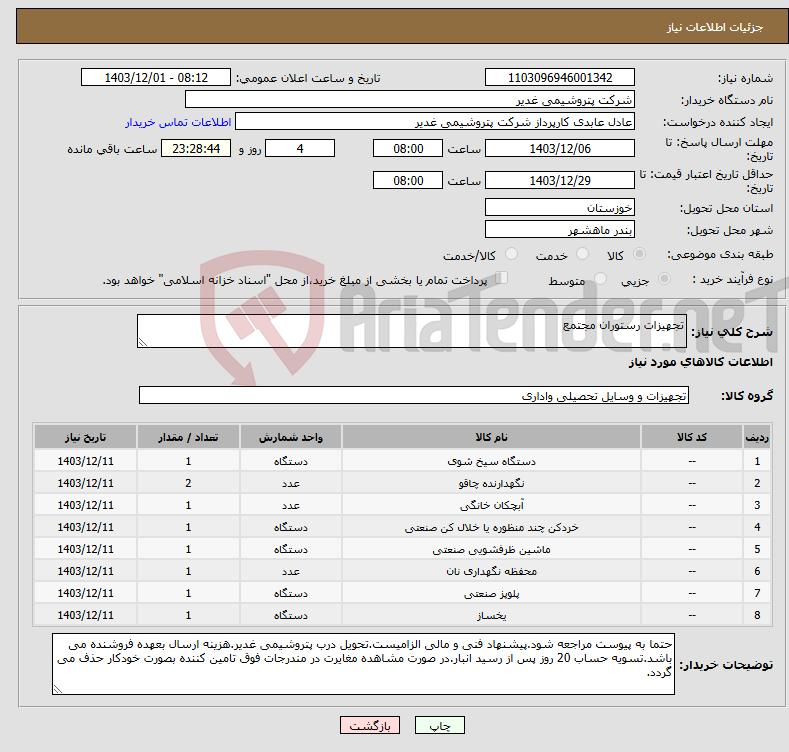 تصویر کوچک آگهی نیاز انتخاب تامین کننده-تجهیزات رستوران مجتمع