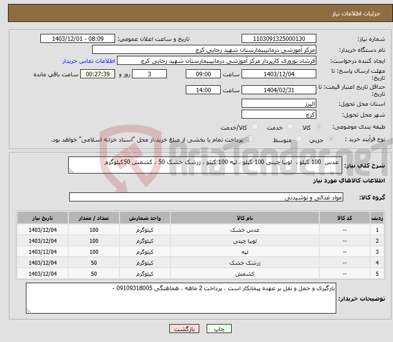 تصویر کوچک آگهی نیاز انتخاب تامین کننده- عدس 100 کیلو ، لوبیا چیتی 100 کیلو ، لپه 100 کیلو ، زرشک خشک 50 ، کشمش 50کیلوگرم 