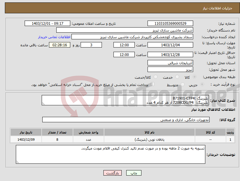 تصویر کوچک آگهی نیاز انتخاب تامین کننده-بلبرینگ :B71901-CTP4 بلبرینگ: 7208CDG/P4 از هر کدام 4 عدد
