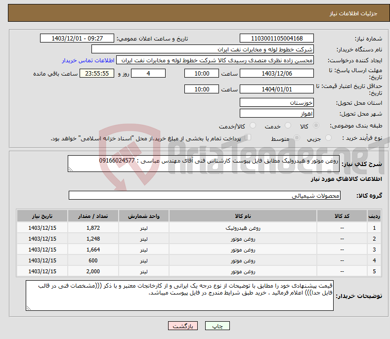 تصویر کوچک آگهی نیاز انتخاب تامین کننده-روغن موتور و هیدرولیک مطابق فایل پیوست کارشناس فنی آقای مهندس عباسی : 09166024577