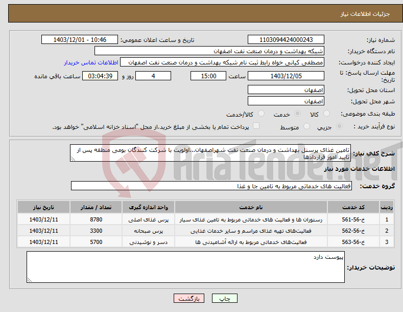 تصویر کوچک آگهی نیاز انتخاب تامین کننده-تامین غذای پرسنل بهداشت و درمان صنعت نفت شهراصفهان...اولویت با شرکت کنندگان بومی منطقه پس از تایید امور قراردادها 
