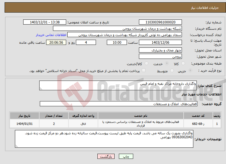 تصویر کوچک آگهی نیاز انتخاب تامین کننده-واگذاری داروخانه مراکز نقنه و امام قیس