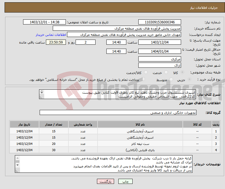 تصویر کوچک آگهی نیاز انتخاب تامین کننده-اسپری شستشوی چرب وخشک ناهید تیغ کاتر باطری 9ولت کتابی طبق پیوست کد22رقمی جهت اشخاص حقیقی وحقوقی الزامیست مهلت تامین سه روزه است 