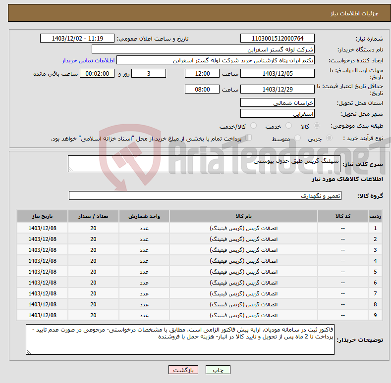 تصویر کوچک آگهی نیاز انتخاب تامین کننده-شیلنگ گریس طبق جدول پیوستی