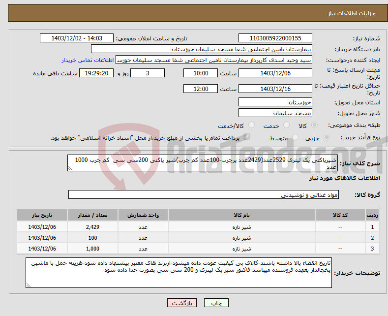 تصویر کوچک آگهی نیاز انتخاب تامین کننده-شیرپاکتی یک لیتری 2529عدد(2429عدد پرچرب-100عدد کم چرب)شیر پاکتی 200سی سی کم چرب 1000 عدد
