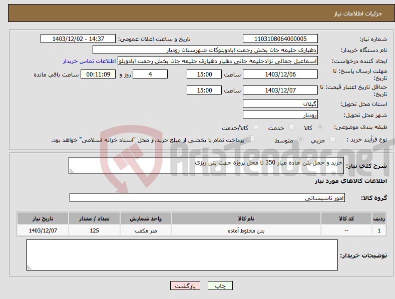 تصویر کوچک آگهی نیاز انتخاب تامین کننده-خرید و حمل بتن آماده عیار 350 تا محل پروژه جهت بتن ریزی