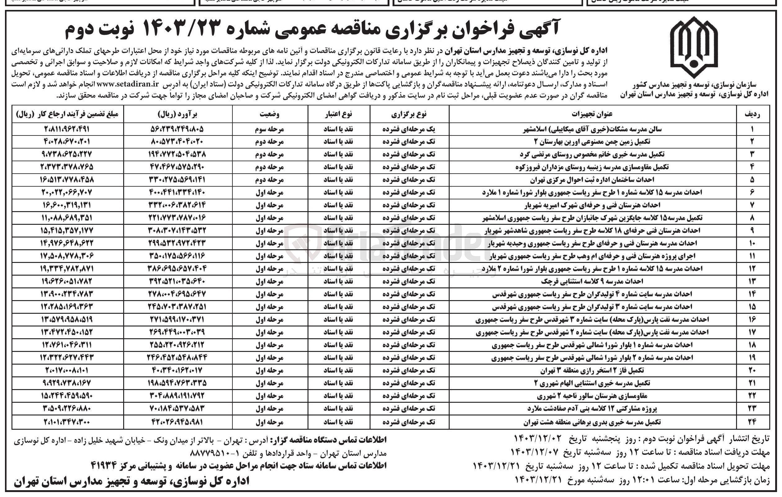 تصویر کوچک آگهی احداث مدرسه شماره ۲ بلوار شورا شمالی شهر قدس طرح سفر ریاست جمهوری 
