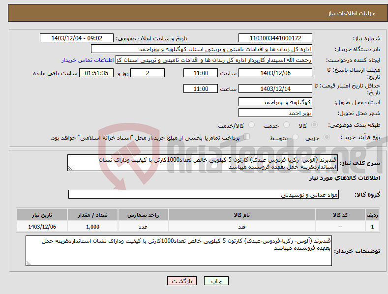 تصویر کوچک آگهی نیاز انتخاب تامین کننده-قندبرند (آلوس- زکریا-فردوس-عبدی) کارتون 5 کیلویی خالص تعداد1000کارتن با کیفیت ودارای نشان استانداردهزینه حمل بعهده فروشنده میباشد