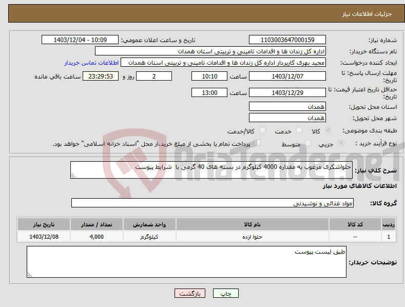 تصویر کوچک آگهی نیاز انتخاب تامین کننده-حلواشکری مرغوب به مقداره 4000 کیلوگرم در بسته های 40 گرمی با شرایط پیوست