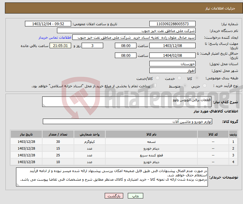 تصویر کوچک آگهی نیاز انتخاب تامین کننده-قطعات برقی اتوبوس ولوو