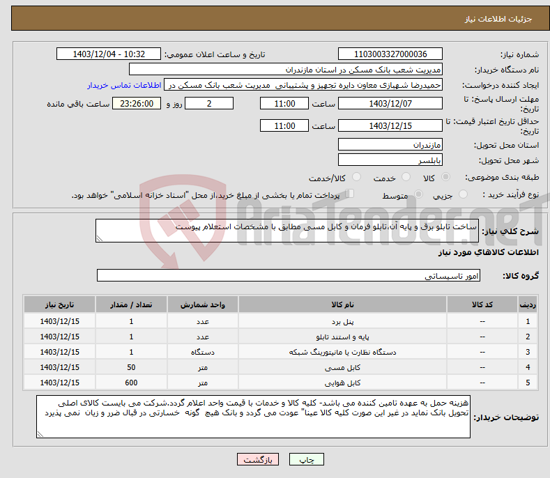 تصویر کوچک آگهی نیاز انتخاب تامین کننده-ساخت تابلو برق و پایه آن،تابلو فرمان و کابل مسی مطابق با مشخصات استعلام پیوست