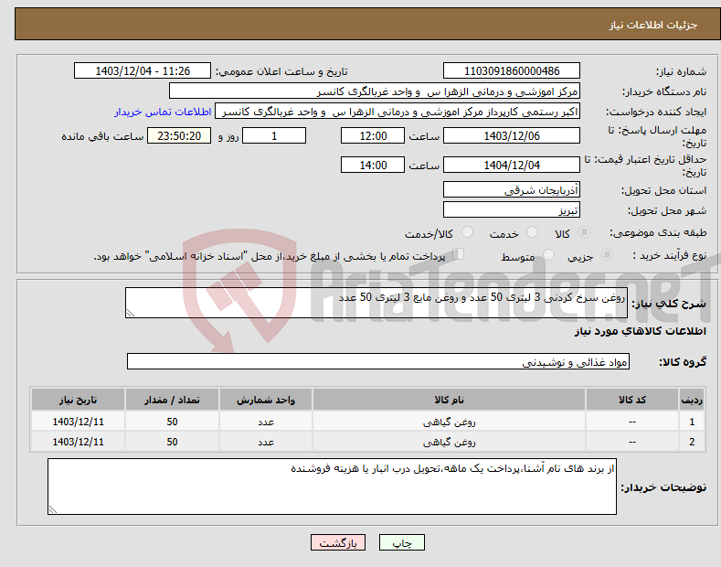 تصویر کوچک آگهی نیاز انتخاب تامین کننده-روغن سرخ کردنی 3 لیتری 50 عدد و روغن مایع 3 لیتری 50 عدد