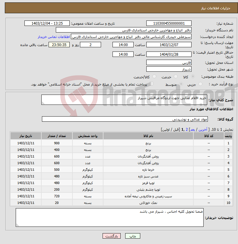 تصویر کوچک آگهی نیاز انتخاب تامین کننده-خرید اقلام غذایی جهت اردوگاه مراقبتی شیراز 