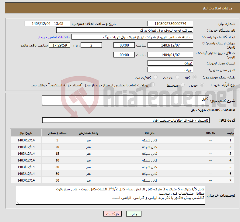 تصویر کوچک آگهی نیاز انتخاب تامین کننده-کابل 