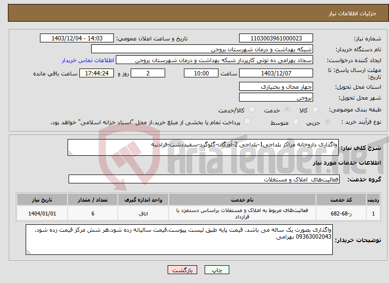 تصویر کوچک آگهی نیاز انتخاب تامین کننده-واگذاری داروخانه مراکز بلداجی1-بلداجی 2-آورگان-گلوگرد-سفیددشت-فرادنبه