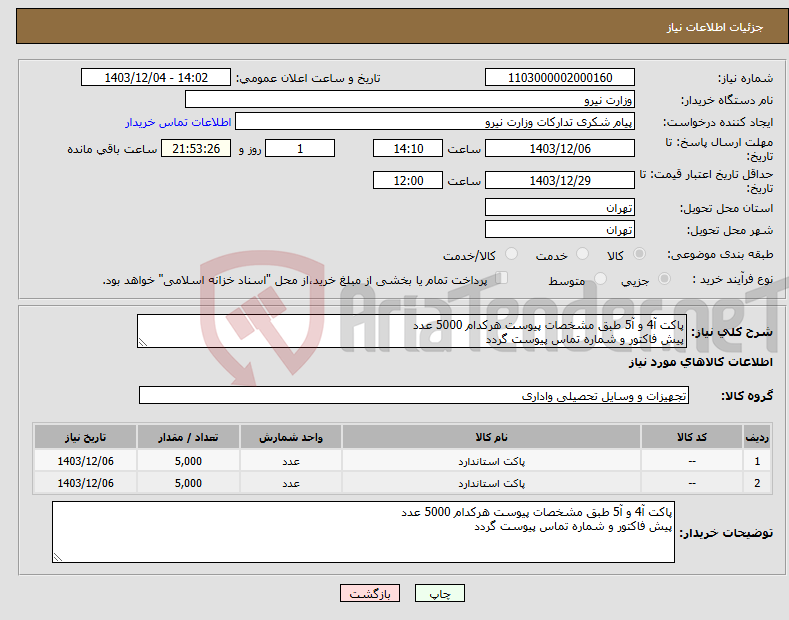 تصویر کوچک آگهی نیاز انتخاب تامین کننده-پاکت آ4 و آ5 طبق مشخصات پیوست هرکدام 5000 عدد پیش فاکتور و شماره تماس پیوست گردد