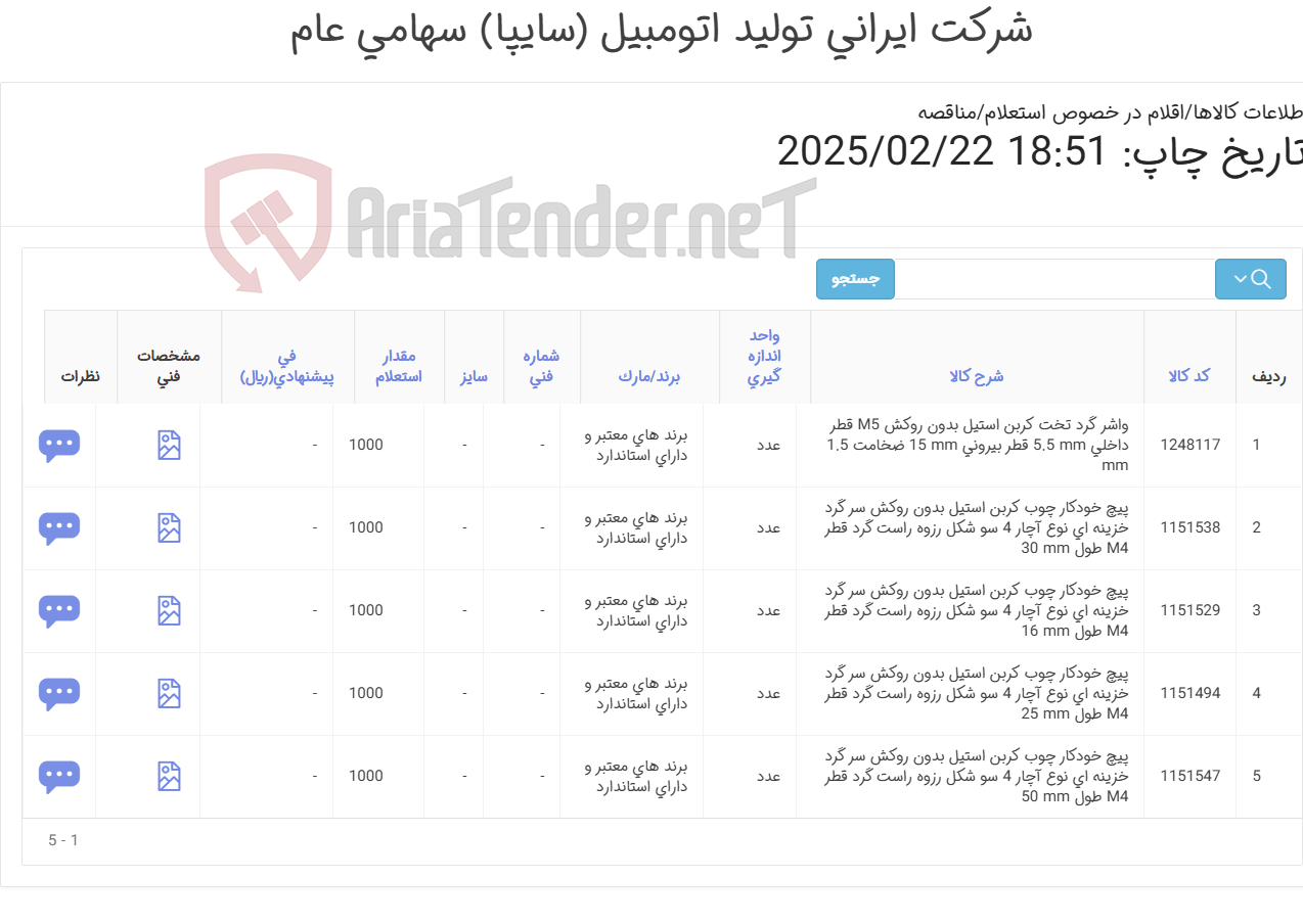 تصویر کوچک آگهی تأمین پنج ردیف انواع پیچ خودکار و واشرگرد