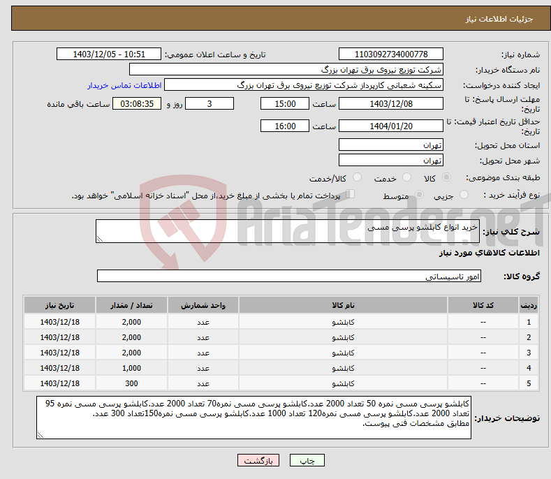 تصویر کوچک آگهی نیاز انتخاب تامین کننده-خرید انواع کابلشو پرسی مسی