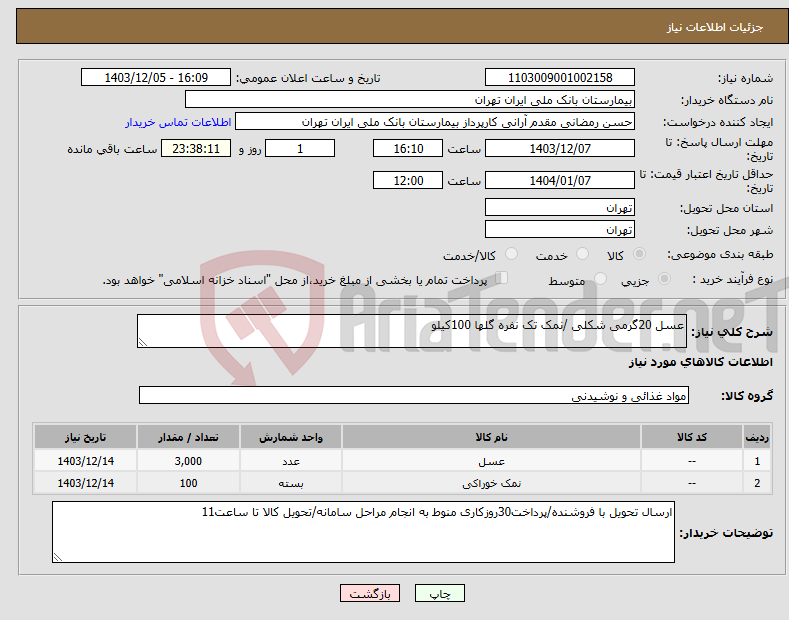 تصویر کوچک آگهی نیاز انتخاب تامین کننده-عسل 20گرمی شکلی /نمک تک نفره گلها 100کیلو