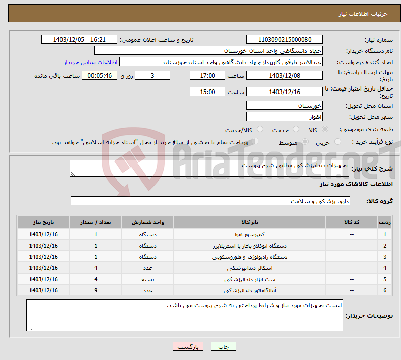 تصویر کوچک آگهی نیاز انتخاب تامین کننده-تجهیزات دندانپزشکی مطابق شرح پیوست