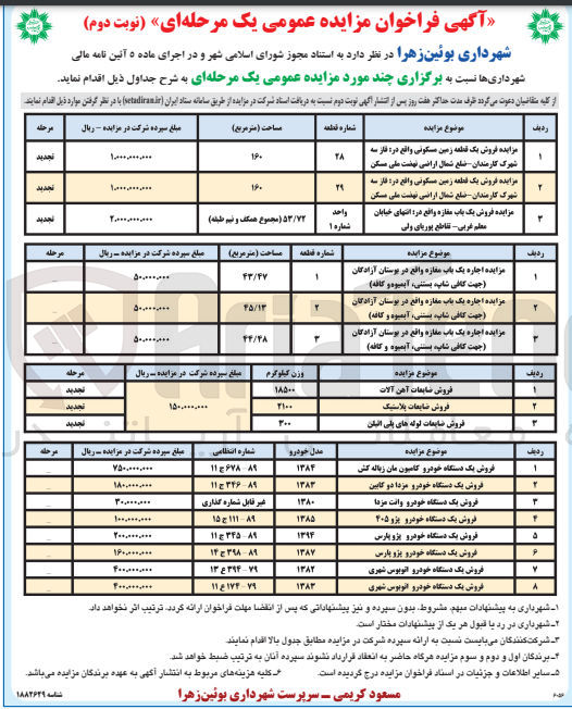 تصویر کوچک آگهی فروش 8 خودرو سبک و سنگین شامل : کامیون مان زباله کش - مزدا دو کابین - وانت مزدا - پژو 405 - پژو پارس - اتوبوس شهری)