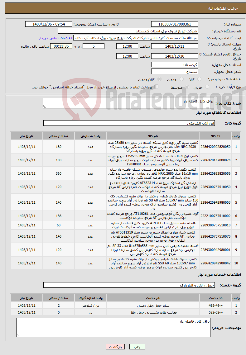 تصویر کوچک آگهی نیاز انتخاب تامین کننده-یراق کابل فاصله دار