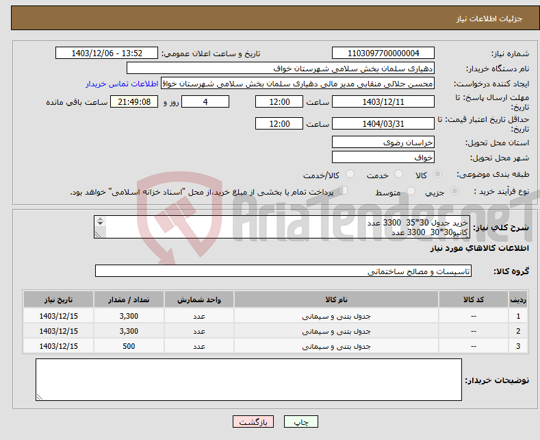 تصویر کوچک آگهی نیاز انتخاب تامین کننده-خرید جدول 30*35 3300 عدد کانیو30*30 3300 عدد آبراه پرسی 500 عدد(150 متر )