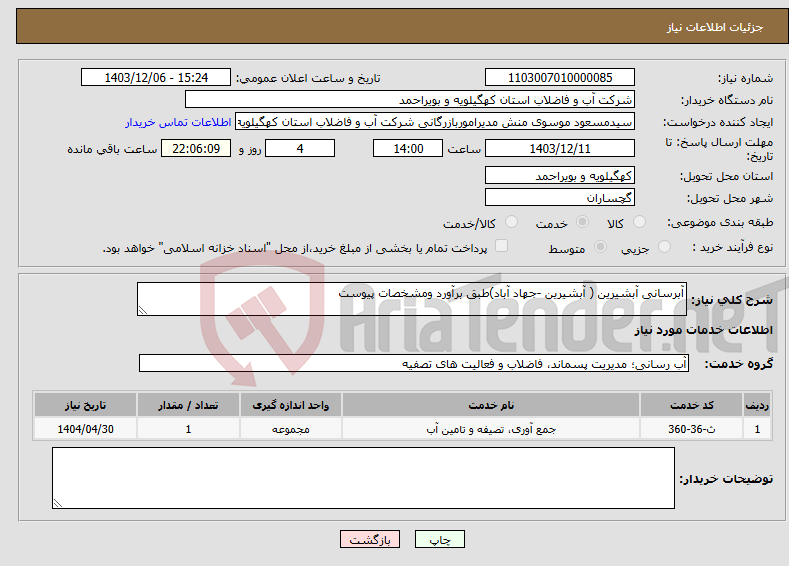 تصویر کوچک آگهی نیاز انتخاب تامین کننده-آبرسانی آبشیرین ( آبشیرین -جهاد آباد)طبق برآورد ومشخصات پیوست