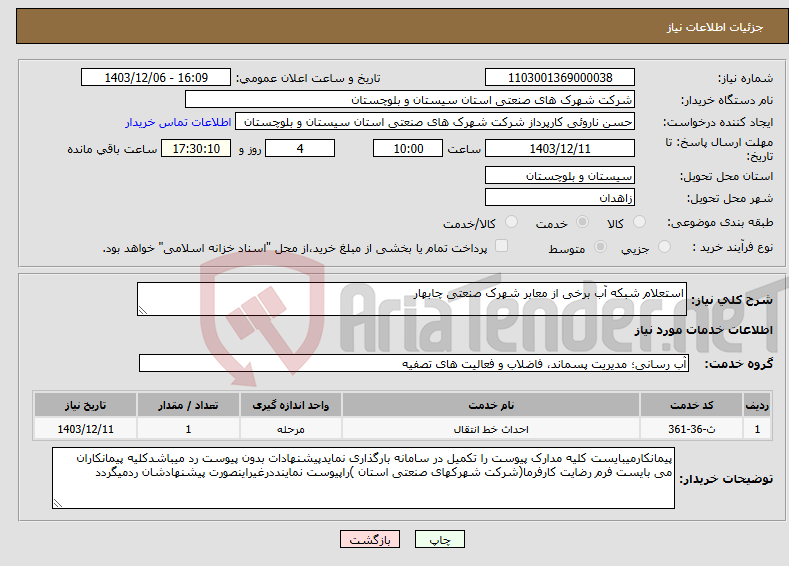 تصویر کوچک آگهی نیاز انتخاب تامین کننده-استعلام شبکه آب برخی از معابر شهرک صنعتی چابهار