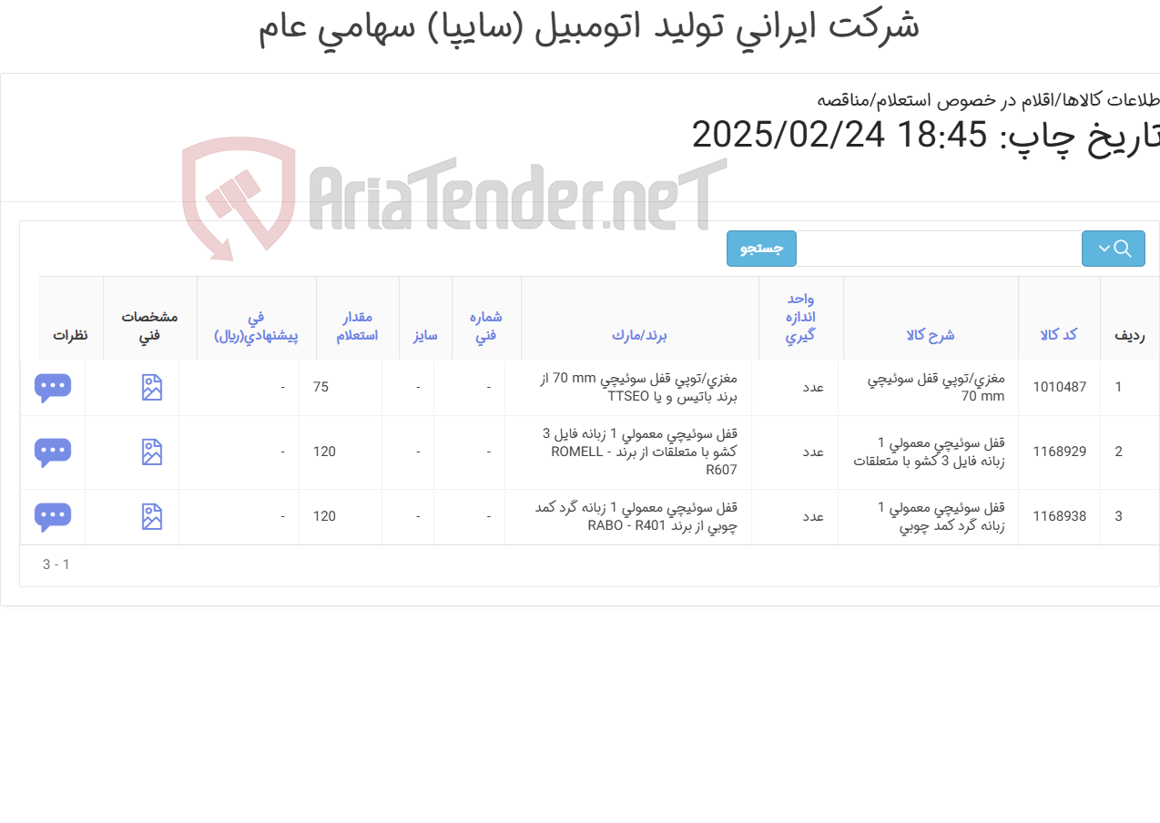 تصویر کوچک آگهی 3 ردیف قفل و مغزی (مطابق اطلاعات پیوست )