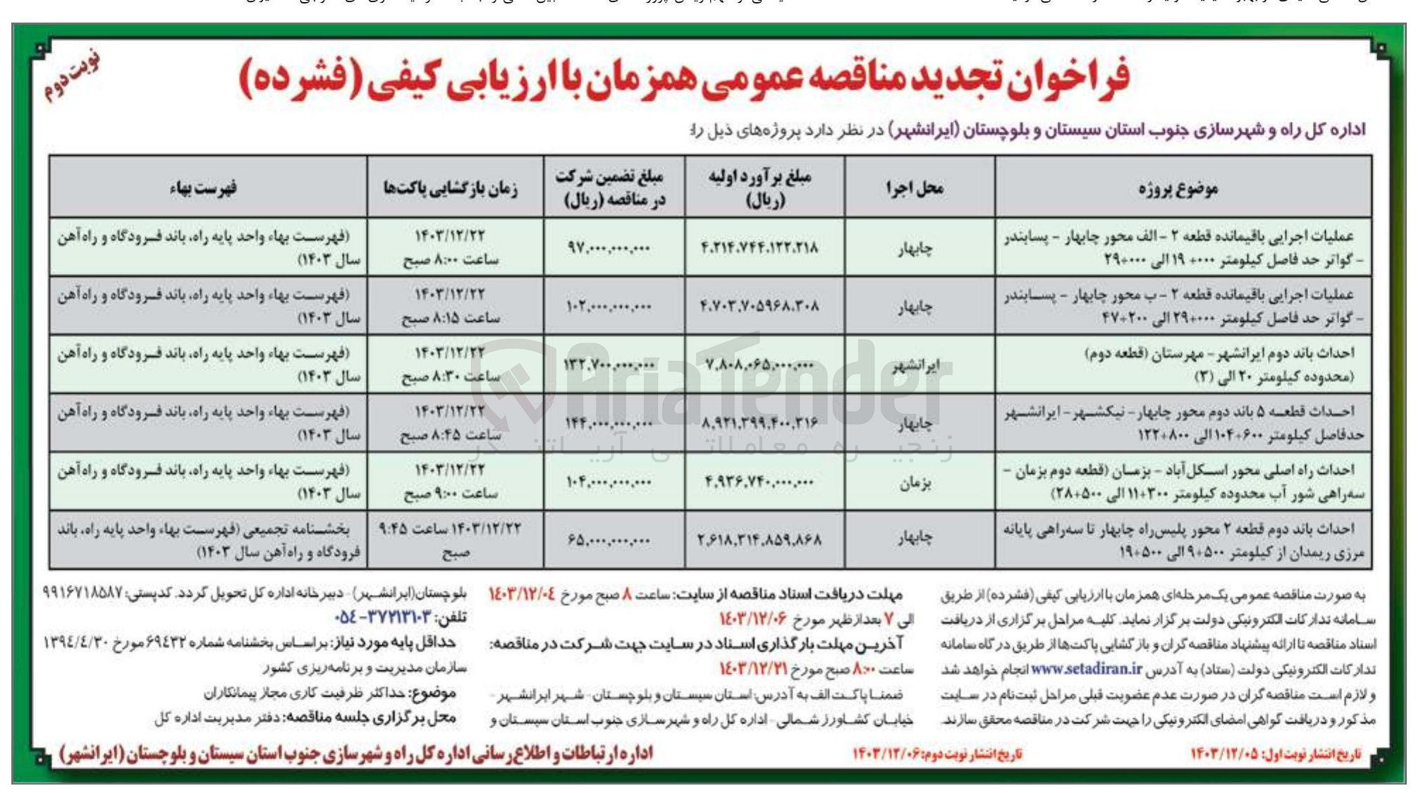 تصویر کوچک آگهی عملیات اجرایی باقیمانده قطعه ۲ - ب محور چابهار - پسابندر گواتر حد فاصل کیلومتر ۲۹+۰۰۰ الی ۴۷+۲۰۰