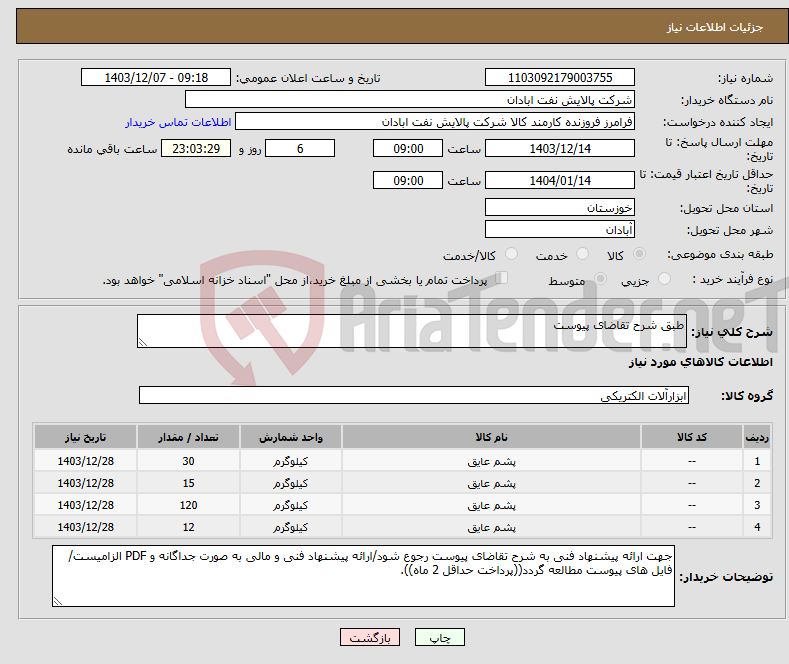 تصویر کوچک آگهی نیاز انتخاب تامین کننده-طبق شرح تقاضای پیوست