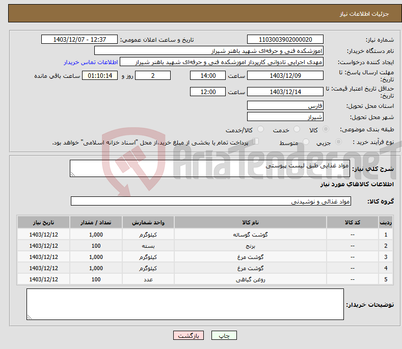تصویر کوچک آگهی نیاز انتخاب تامین کننده-مواد غذایی طبق لیست پیوستی