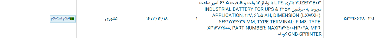 تصویر کوچک آگهی 3JZE171B021 باتری UPS با ولتاژ 12 ولت و ظرفیت 69.5 آمپر ساعت مربوط به جرثقیل 4257 & INDUSTRIAL BATTERY FOR UPS APPLICATION, 12V, 69.5 AH, DIMENSION (LXWXH): 262*172*239 MM, TYPE TERMINAL: F-M6, TYPE: XP12V2500, PART NUMBER: NAXP122500HP0FA, MFR: GNB-SPRINTER کوتاه