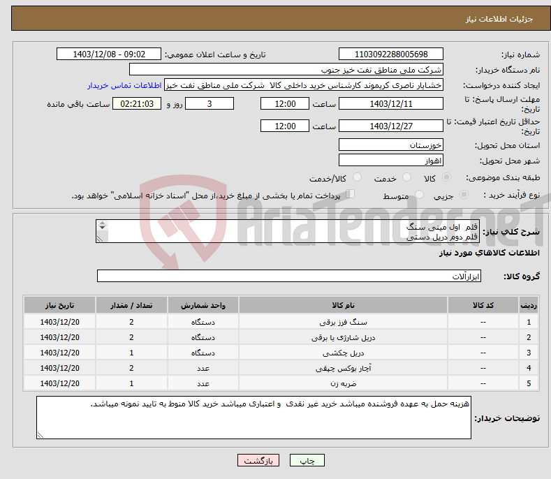 تصویر کوچک آگهی نیاز انتخاب تامین کننده-قلم اول مینی سنگ قلم دوم دریل دستی قلم سوم دریل باژایه قلم چهارم بوکس بادی قلم پنج پولی کش